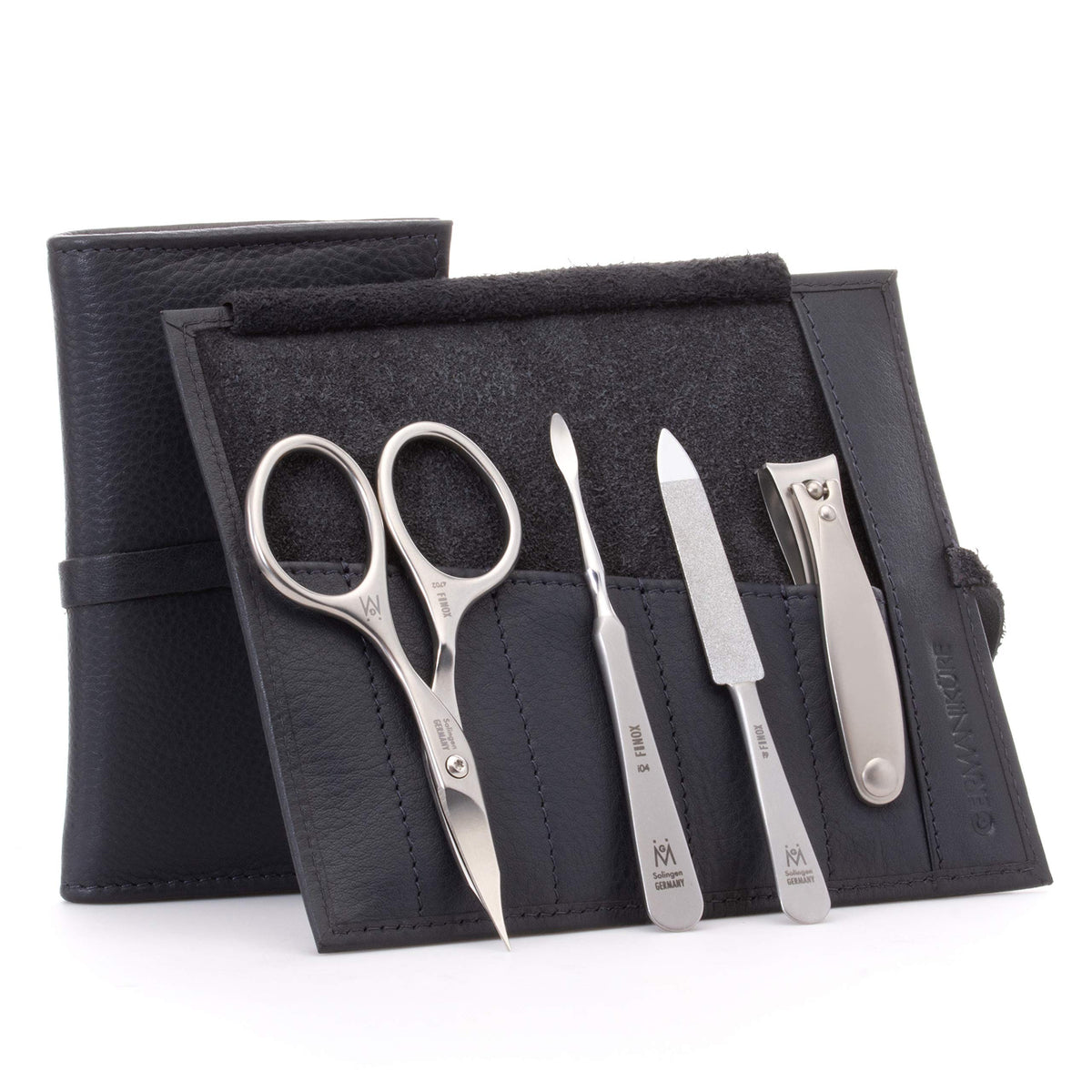 GERMANIKURE 7pc Manicure & Pedicure Set, FINOX Steel, Purple Leather Roll