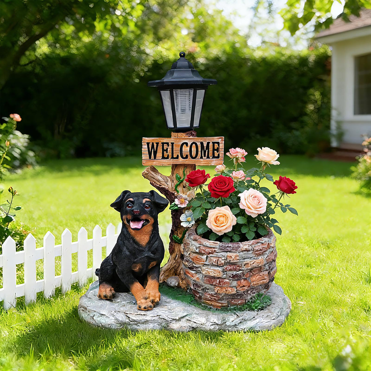 Solar French Bulldog Statue with Welcome Sign & Lantern, 3 Dogs Garden Figurine Planter Pot, Realistic Outdoor LED Light for Porch, Yard Art & Lawn Decor, Unique Gift for Dog Lovers