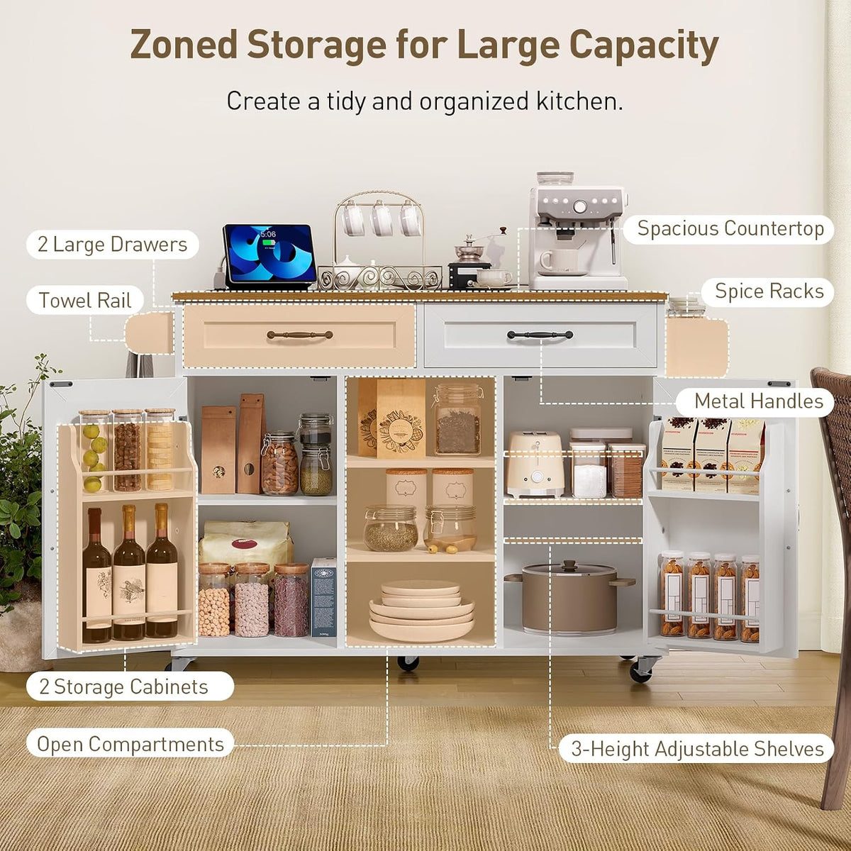 RALGEND Kitchen Island with Storage, Kitchen Rolling Island on Wheels with Power Outlet & Drop Leaf, Kitchen Island Cart with Drawer and Spice Rack, Mobile Island Table for Kitchen,White and Walnut