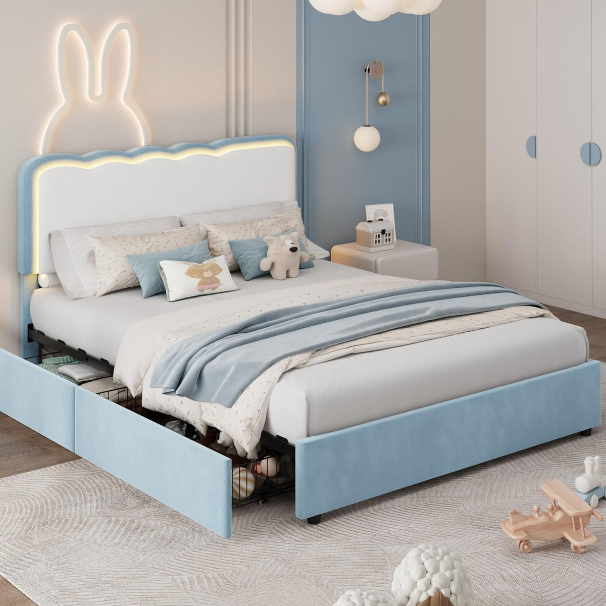 IDEALHOUSE Twin LED Bed, 2 Drawer Trundle, Pink Wave Headboard