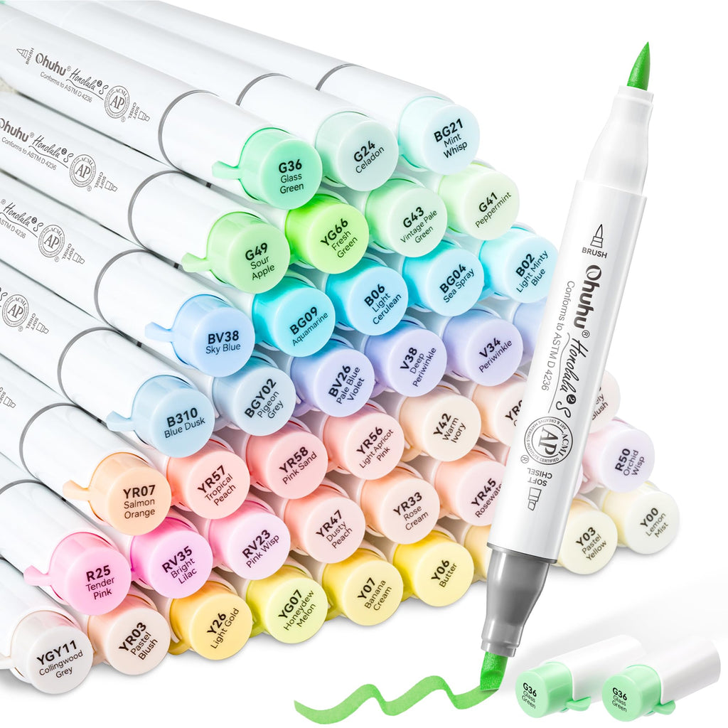 Ohuhu Alcohol Markers 96 Pastel Colors Brush Soft Chisel for Adults Drawing
