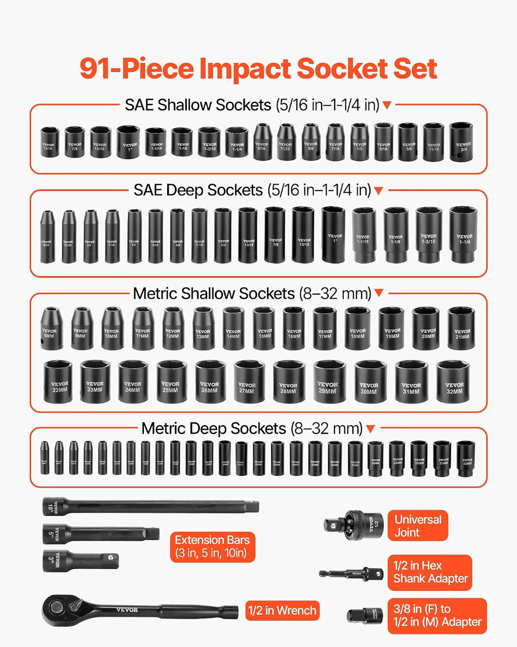 VEVOR 91-Piece 1/2" Drive Impact Socket Set, Deep & Shallow Kit