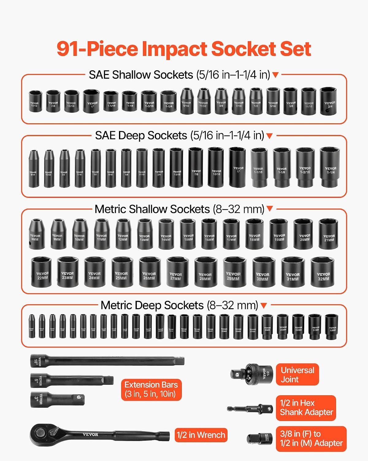 VEVOR 91-Piece 1/2" Drive Impact Socket Set, Deep & Shallow Kit