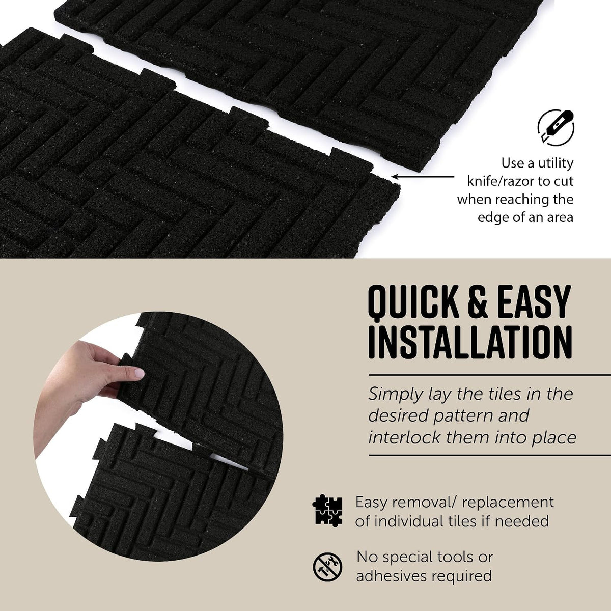 Playsafer Herringbone Rubber Interlocking Tiles | 16 X 16 | Easy Install for Indoor and Outdoor Use (Black, 20 Tiles)