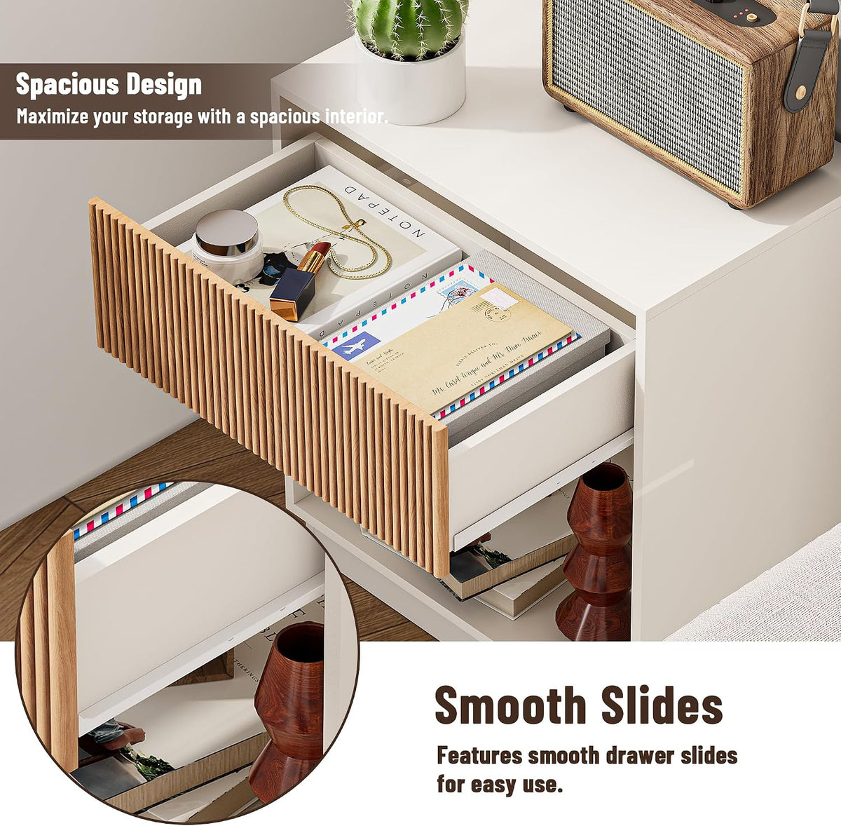 Fluted Nightstands Set of 2, Modern Bedside Table with Drawer and Storage Shelf, Wood End Table Mid Century Night Stands for Bedroom Living Room Sofa Couch Office (White+Oak)