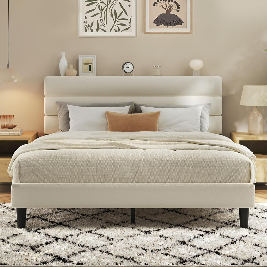Fluest Queen Bed Frame, Platform Bed Frame with Velvet Upholstered Headboard, No Box Spring Needed, Sturdy Metal Support, Noise Free, Easy Assembly, Modern Bedroom Furniture, Beige