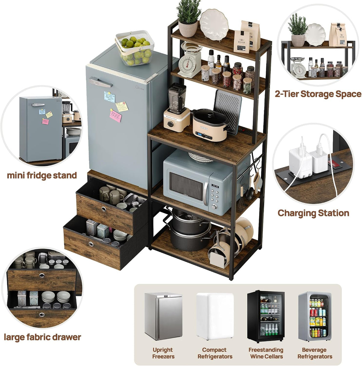 Furniouse Mini Fridge Stand with Storage, Refrigerator Cabinet with Power Outlet - Multifunctional Microwave Stand, Coffee Bar Station for Dorm, Office and Kitchen, Rustic Brown