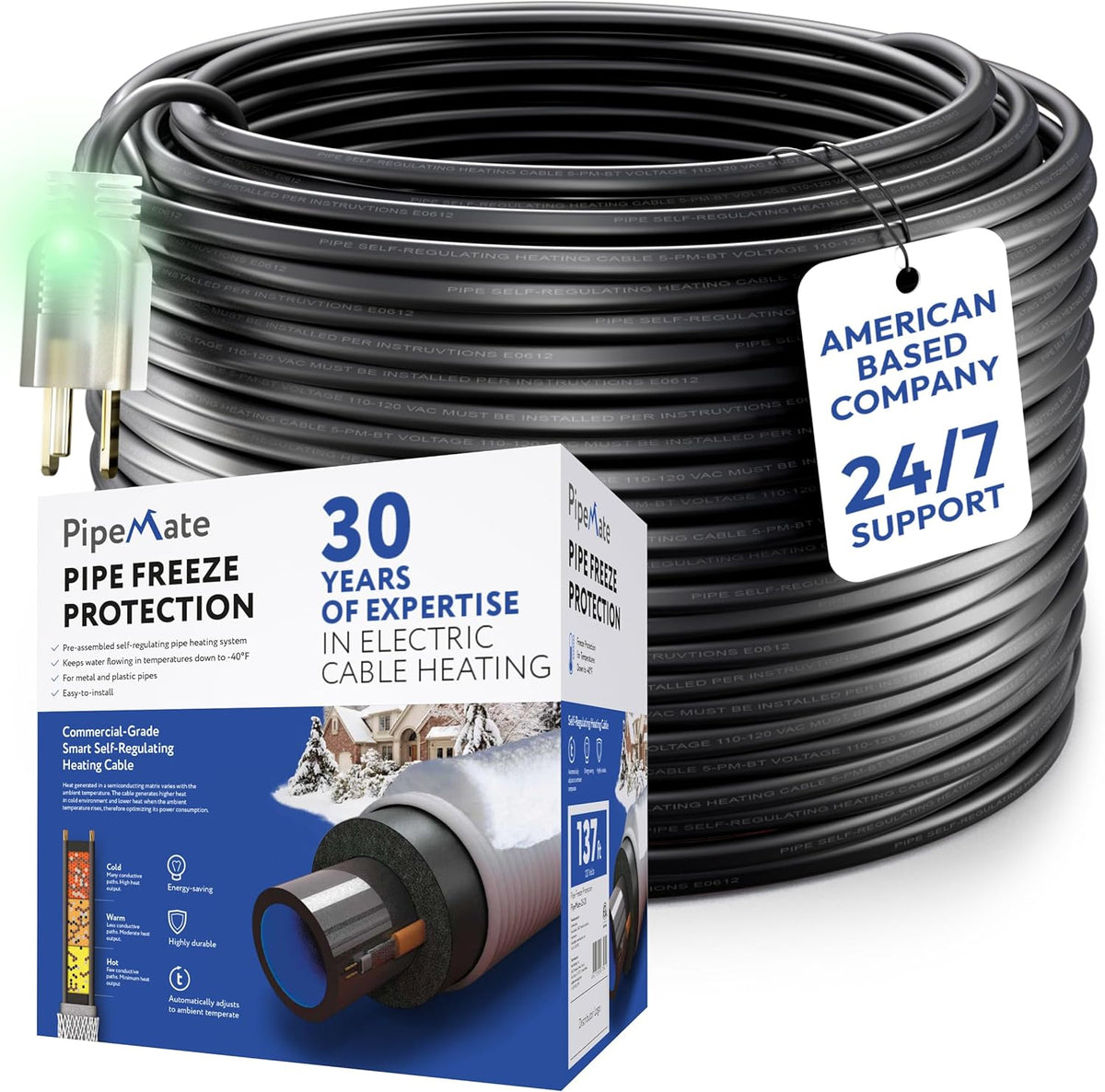 PipeMate Self Regulating Heat Cable for Pipe Freeze Protection, 120V, 5Watts/Ft, Electric Heating Cable for Water Pipes, 80 Ft Heat Tape