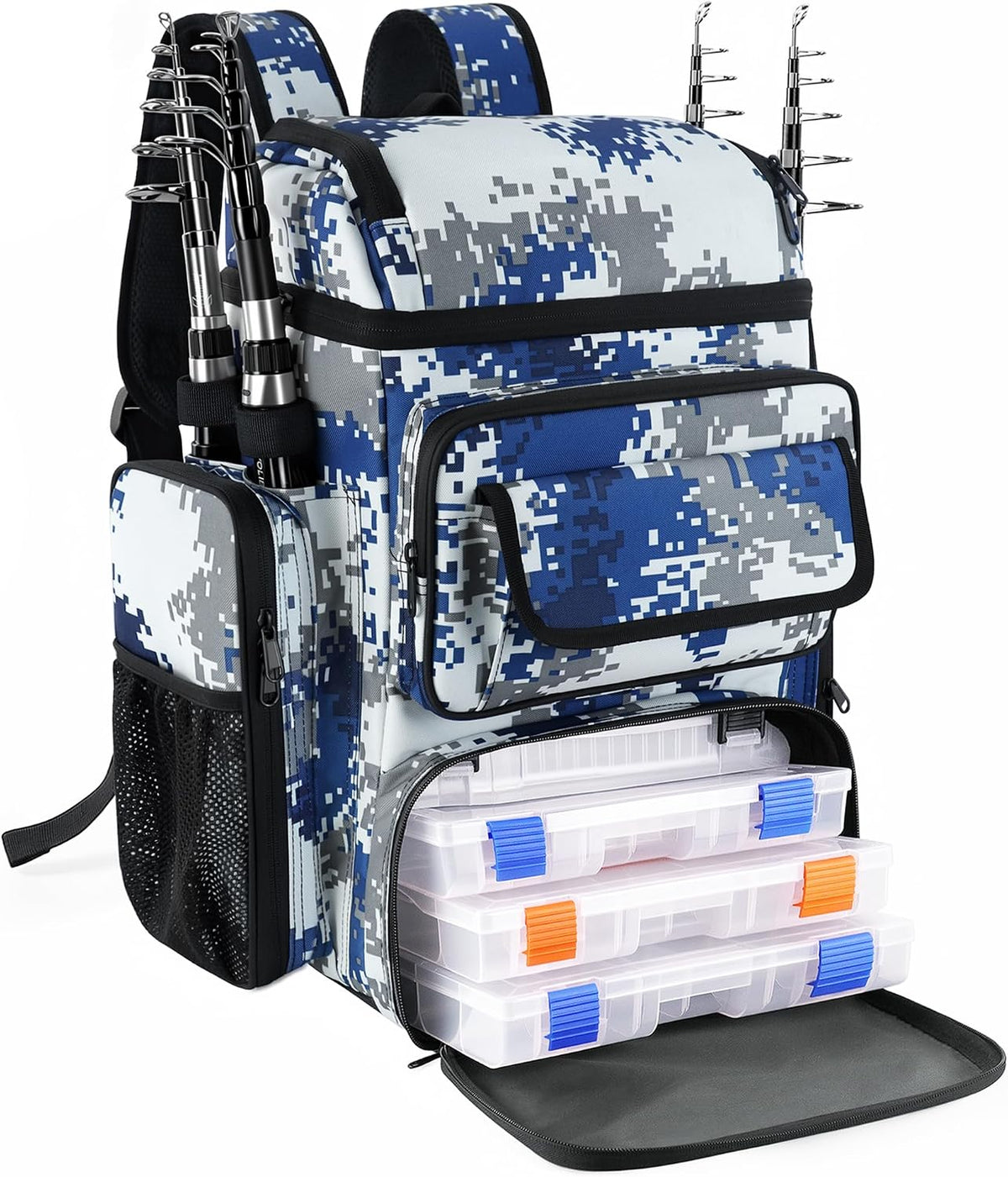 Fishing Tackle Backpack With Rod Holders,45L Large Tackle Bag & Fishing Tackle Backpack for Fishing,Camping, Hiking,Camouflage Blue
