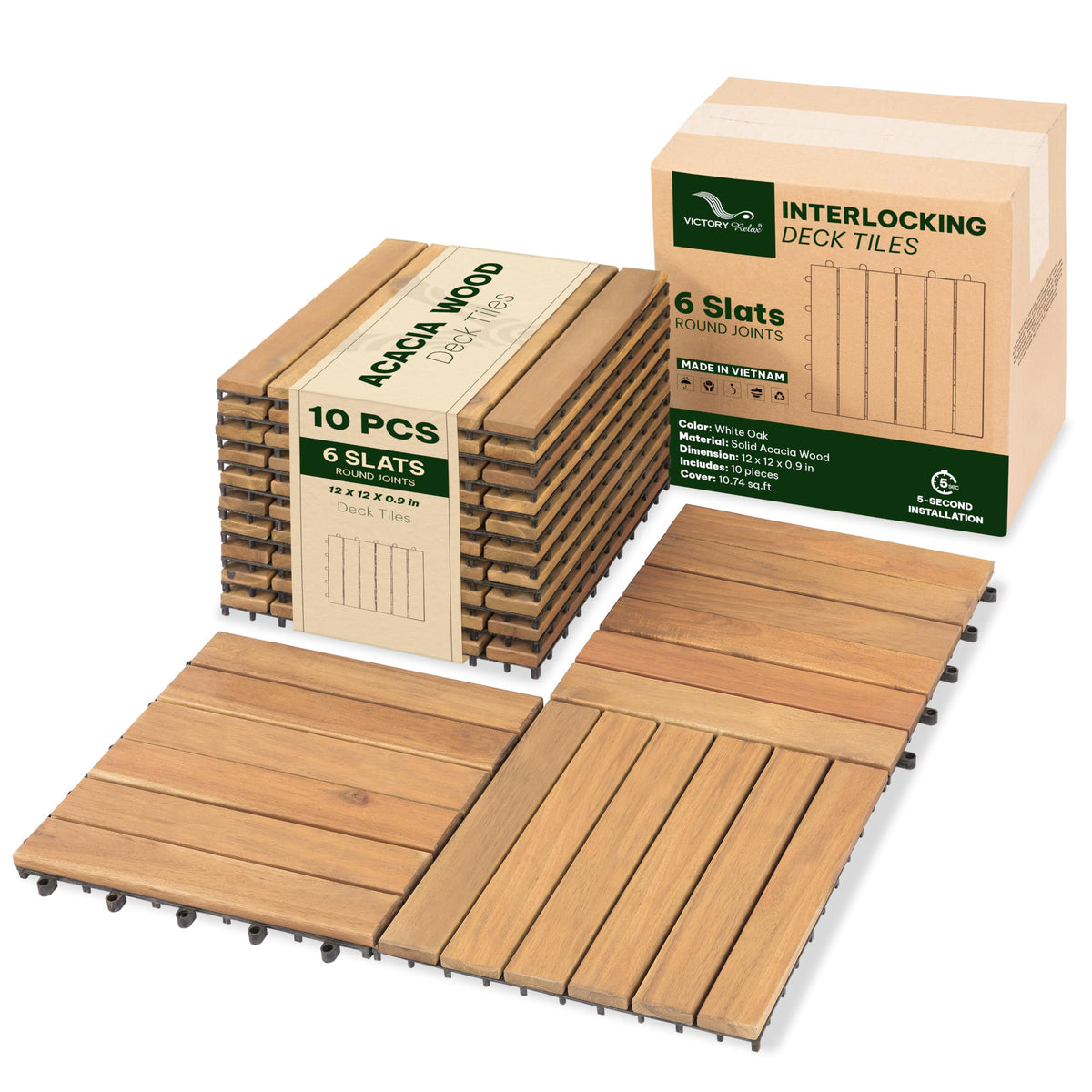 Acacia Interlocking Deck Tiles, 27 PCS Wood Flooring, 12 Slats, Walnut