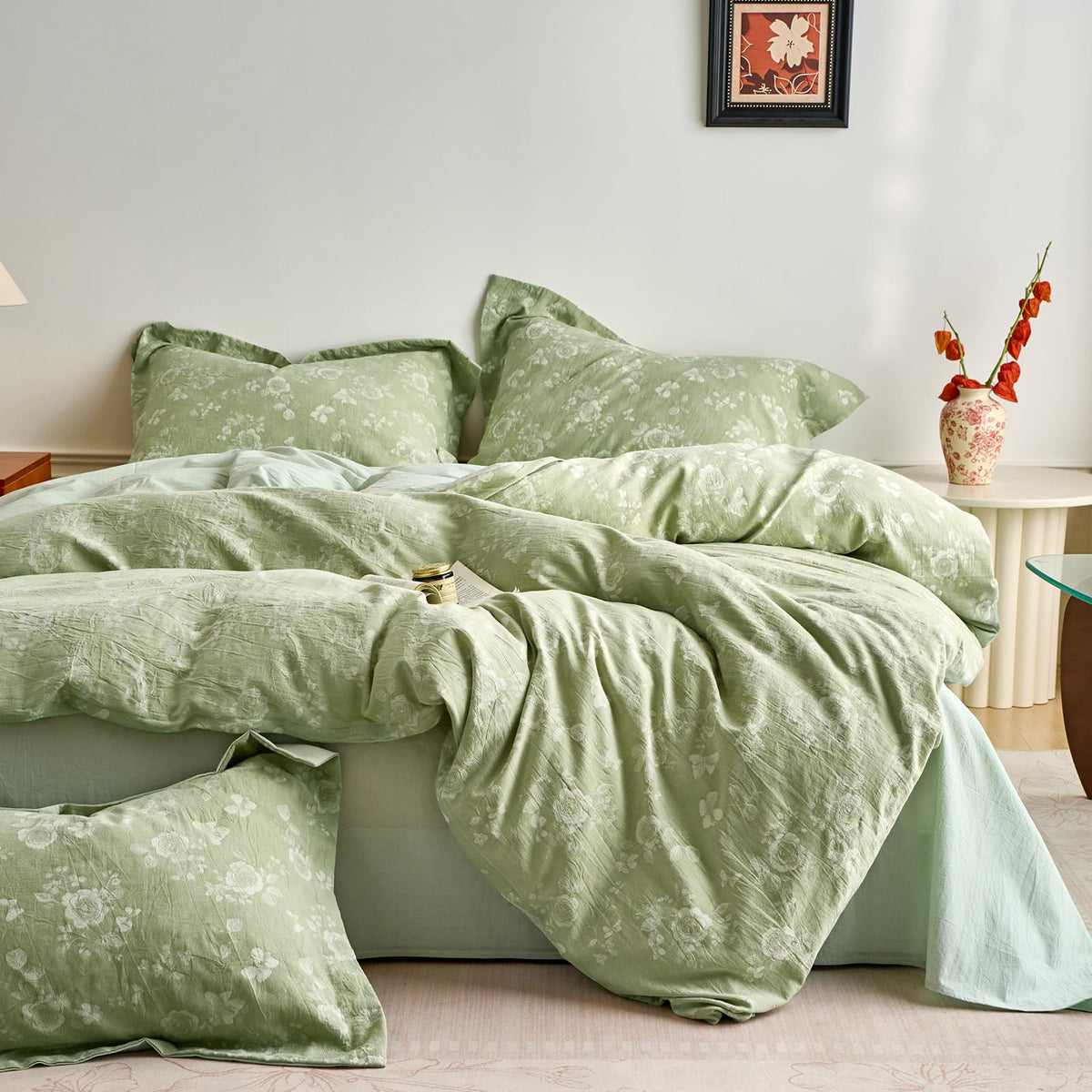 mixinni Garden Style Cotton Flowers and Birds Pattern Printed Duvet Cover Reversible Design Peacock Blue 3 Piece Bedding Duvet Set with Zipper Closure, Perfect for Him and Her-Queen Size
