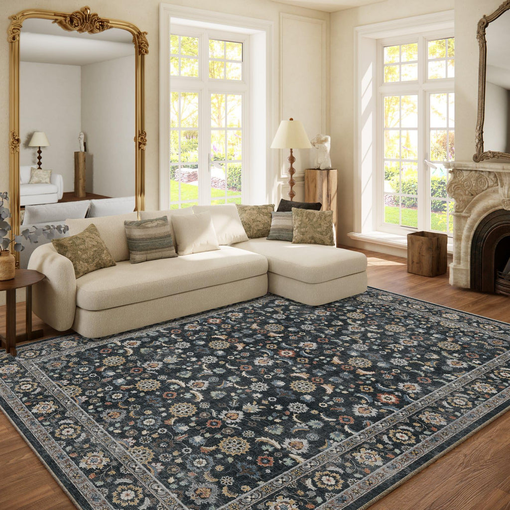 Washable Area Rugs for Living Room: 9x12 Bedroom Rug Boho Vintage Area Rug Stain Resistant Non Slip Low Pile Lightweight Soft Carpets for Dining Room Kitchen Nursery Kids Room Playroom Home Office