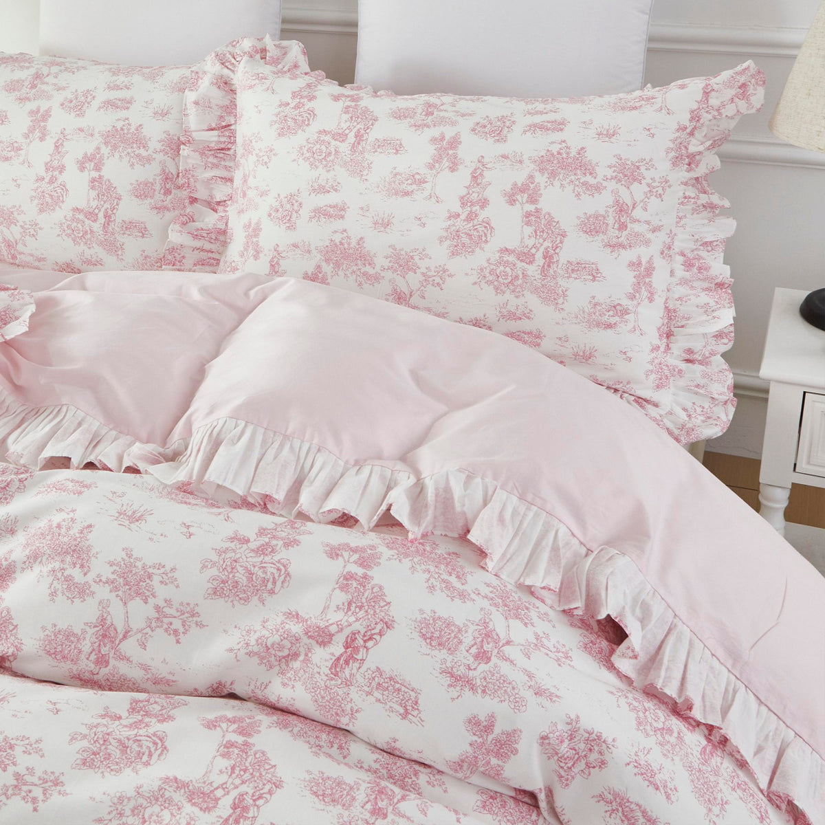 Brandream French Country Toile Queen Duvet Cover Set for Girl Women Bedroom Vintage Pink Toile Floral Print 100% Cotton Duvet Quilt Comforter Cover Pillow Shams Set with Delicate Ruffle Fringe