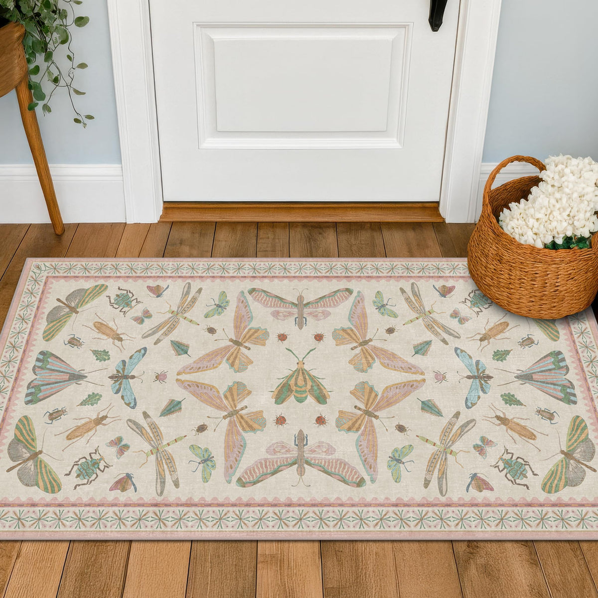 Hazo Haus Dark Green Insect Area Rugs 8x10 for Living Room, Dining Room Under Table, Bedroom, Unique Washable Floral Non Slip Low Pile Soft Rug