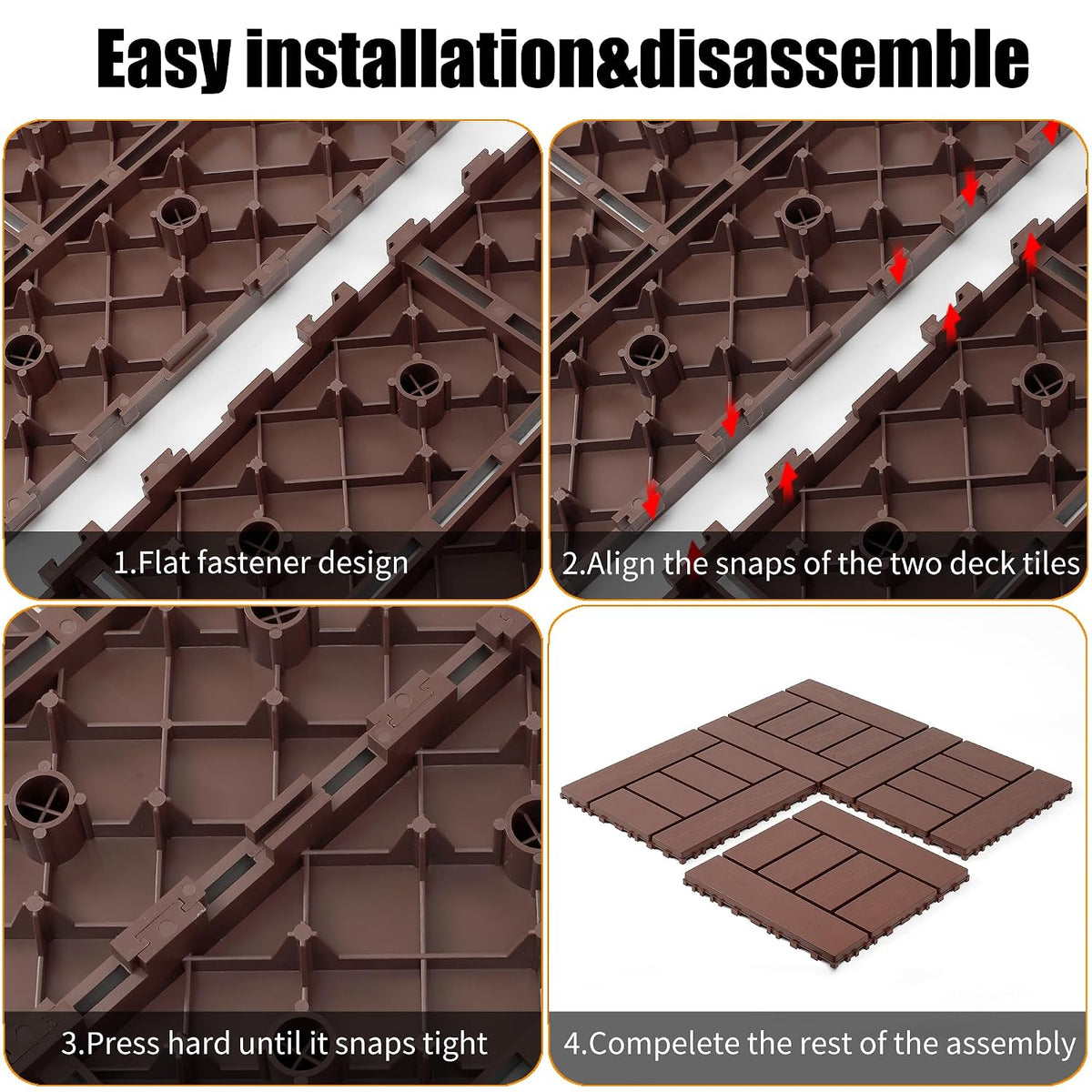 Deck Tiles for Outdoor, Plastic Outdoor Flooring Tiles, Kitchen Non Slip Polypropylene DIY Interlocking Flooring Tile Waterproof for Balcony/Patio, 44 Pcs, 12"x12" Square, All Weather Use, Brown