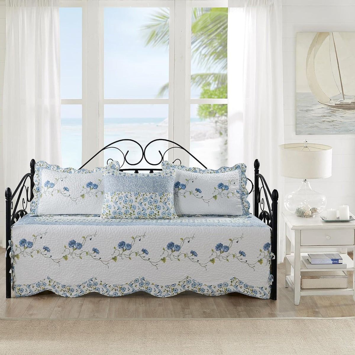 HESTIN 4Pcs Sky Blue Scallop Daybed Cover Set 75"x39" Petunia Embroidery