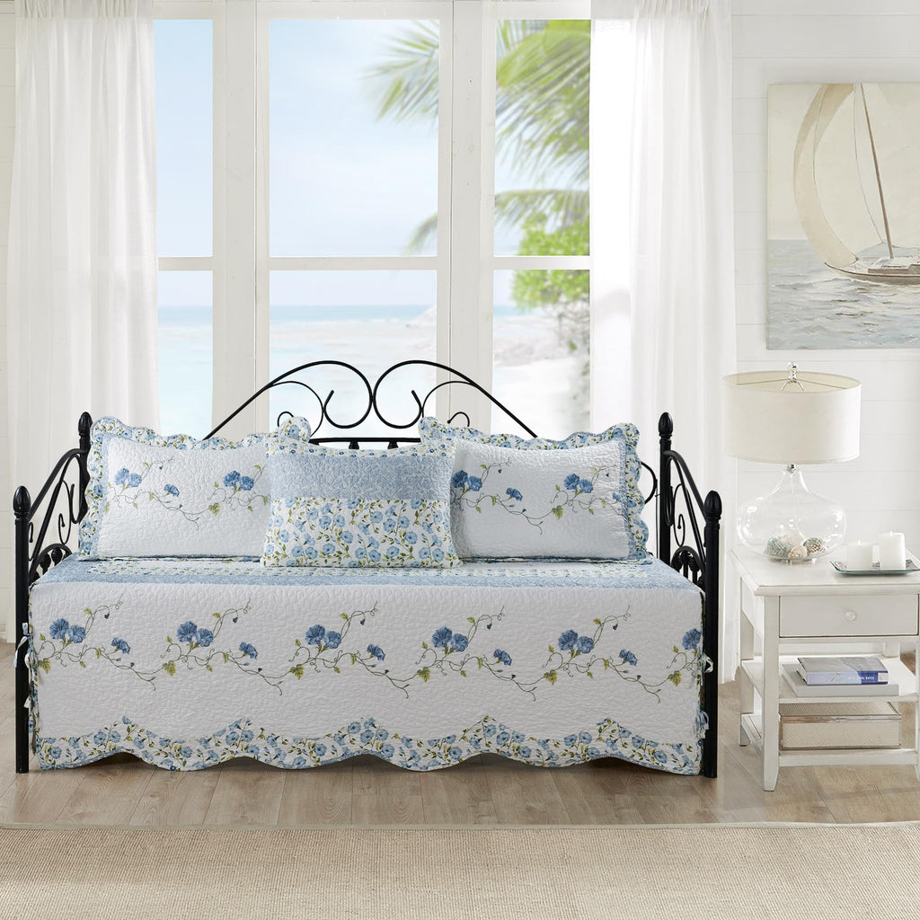 HESTIN 4Pcs Sky Blue Scallop Daybed Cover Set 75"x39" Petunia Embroidery