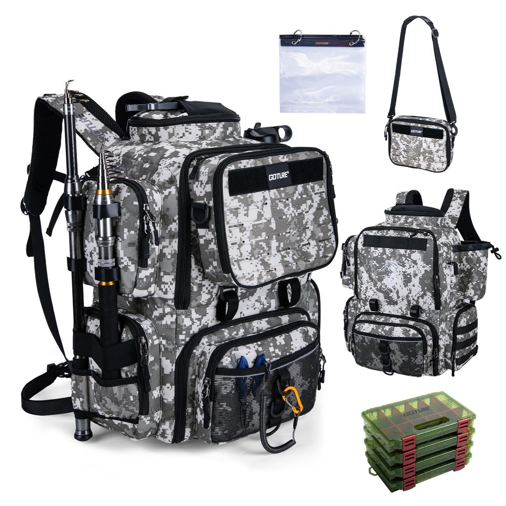 Goture Fishing Backpack with Cooler, 4 Tackle Boxes, Detachable Sling Bag