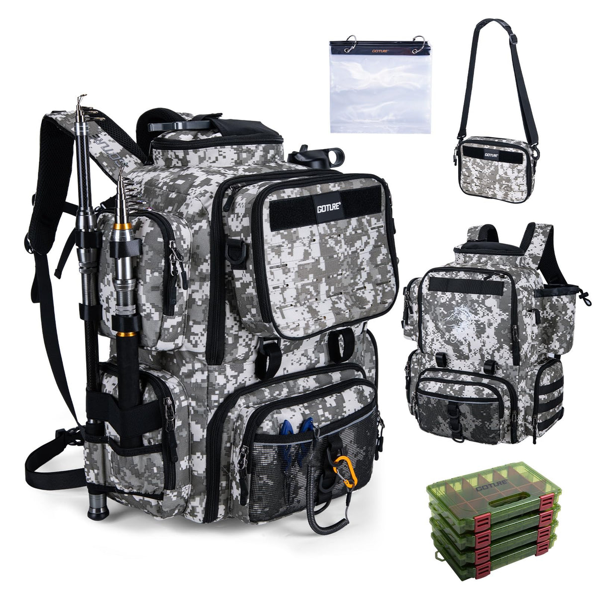 Goture Fishing Backpack with Cooler, 4 Tackle Boxes, Detachable Sling Bag