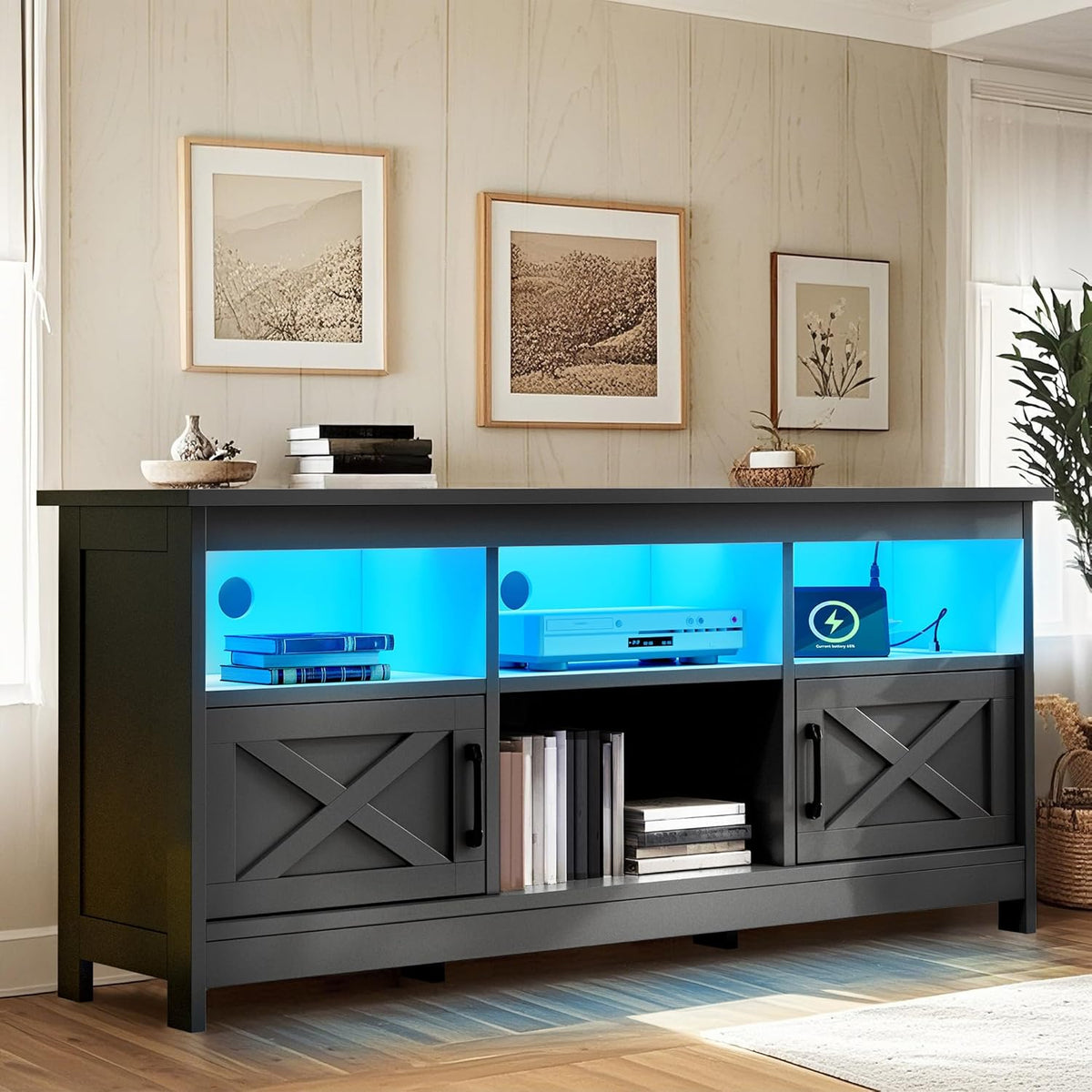 YITAHOME 59" TV Stand with Power Outlet & LED Light for 65 Inch TVs, Black
