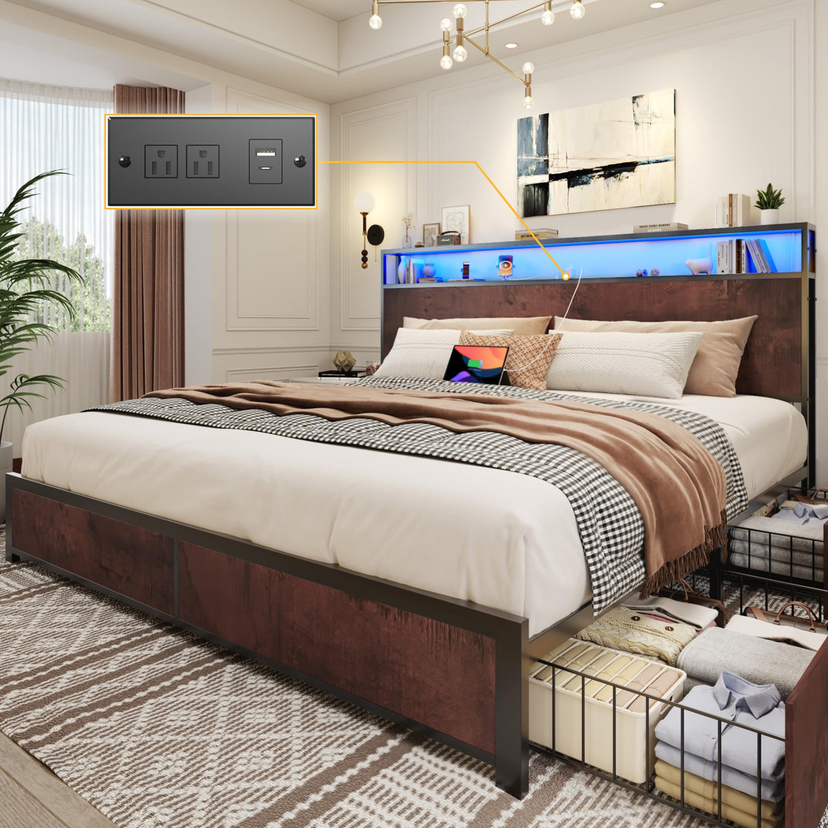 Lifezone Queen Bed Frame with 2-Tier Storage Headboard, Metal Platform Bed Frame with 4 Storage Drawers, Built in Charging Station & LED, Noise-Free/Metal Support/No Box Spring Needed, Rustic Grey