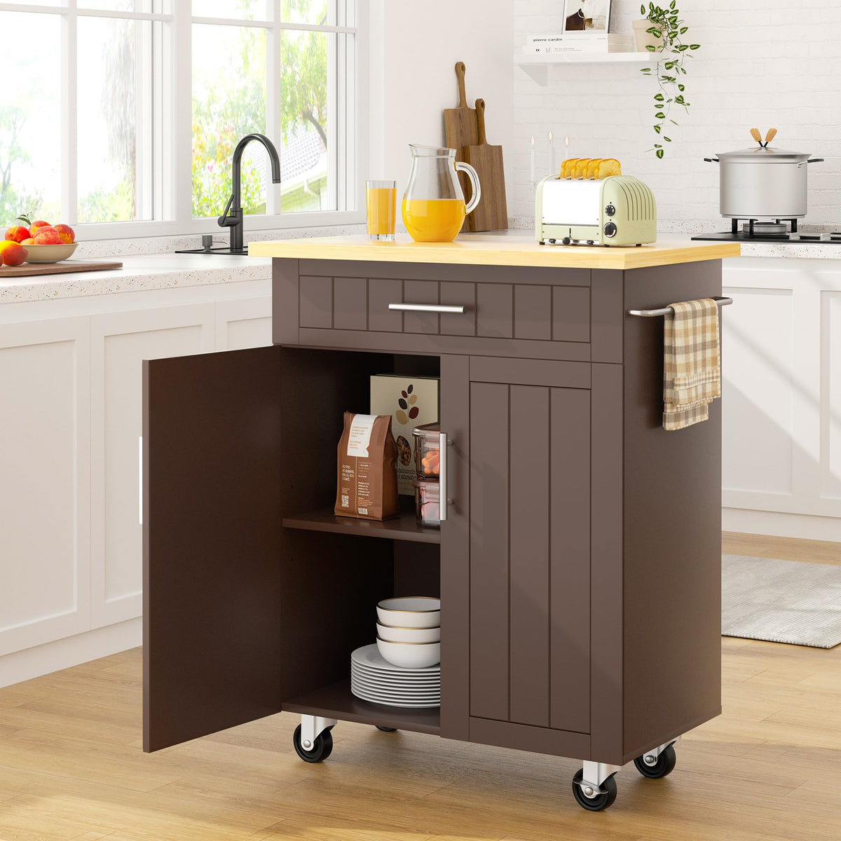SUNLEI Kitchen Island with Storage, 26" Rolling Microwave Cart with 3 Drawers, Rubberwood Top, Lockable Wheels, Towel Rack & Open Shelves, Portable Kitchen Cart, White