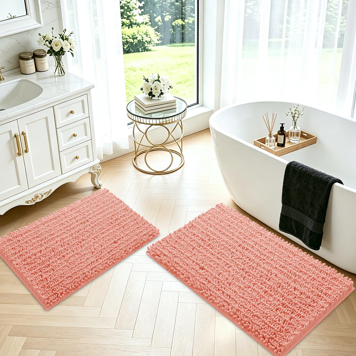 ACCUMTEK Upgrade Extra Large Black Bathroom Rug Set 3 Pieces Ultra Soft, Thick Absorbent Bath Mats, Non Slip Chenille Toilet Mat for Bathroom, Bedroom, Kitchen