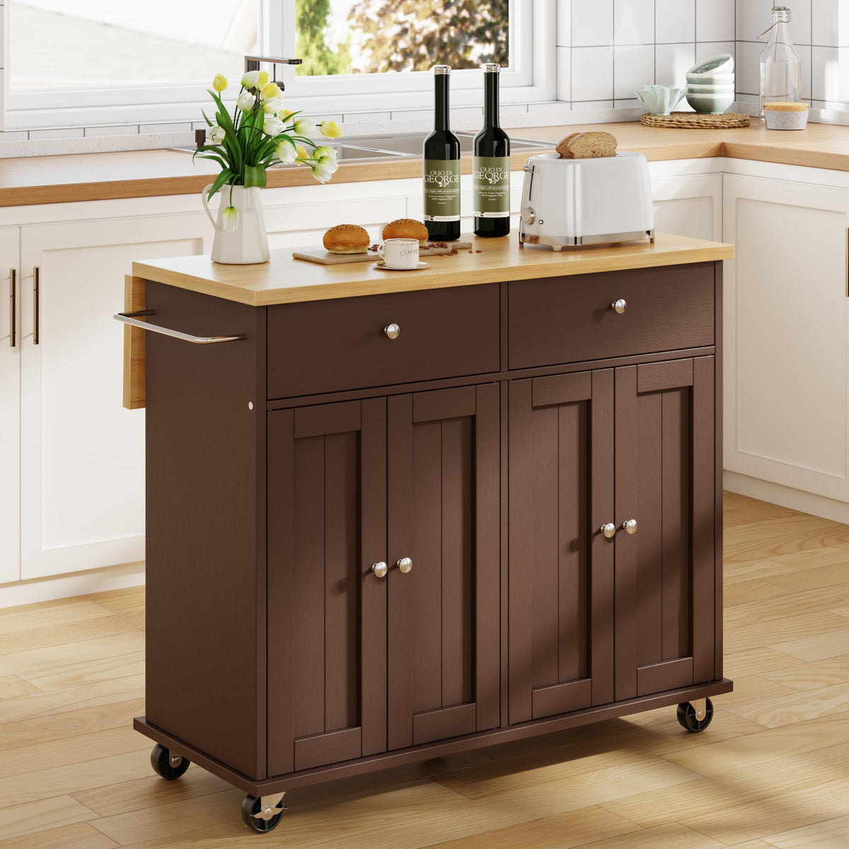 JY QAQA 39" Rolling Kitchen Island Cart on Wheels, Mobile Storage Cabinet with 2 Drawers & Double Door Cabinet, Cart Handle for Towel Rack or Free Mobility, Portable Islands for Kitchen, White