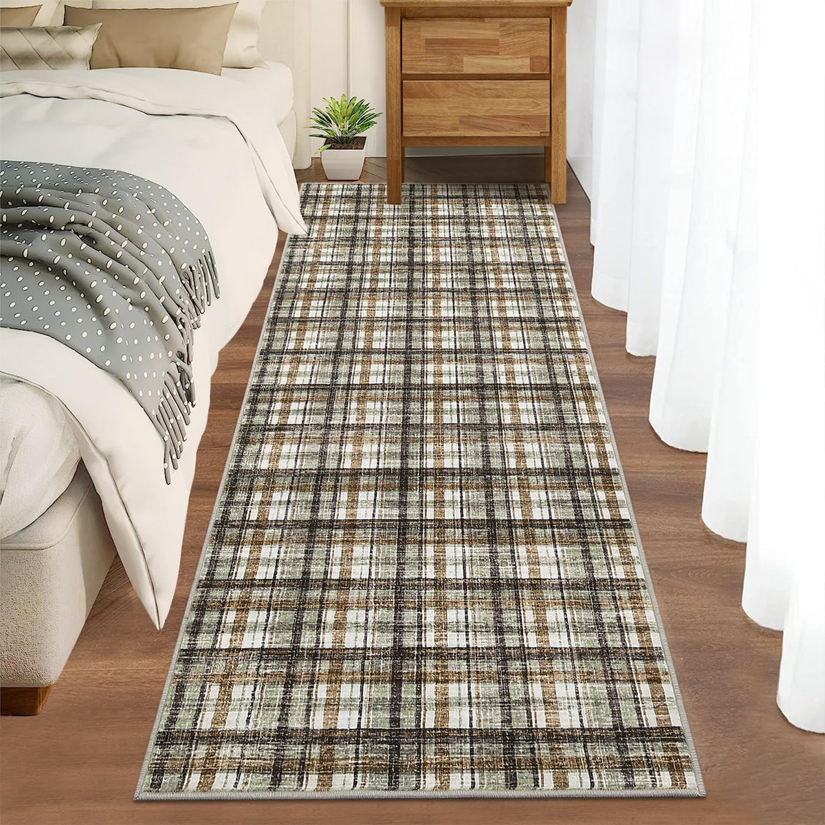 Modern Washable 8x10 Area Rug - Soft, Non-Slip, Stain Resistant, Farmhouse Tartan Plaid for Living Room, Bedroom, Nursery, Office - Beige