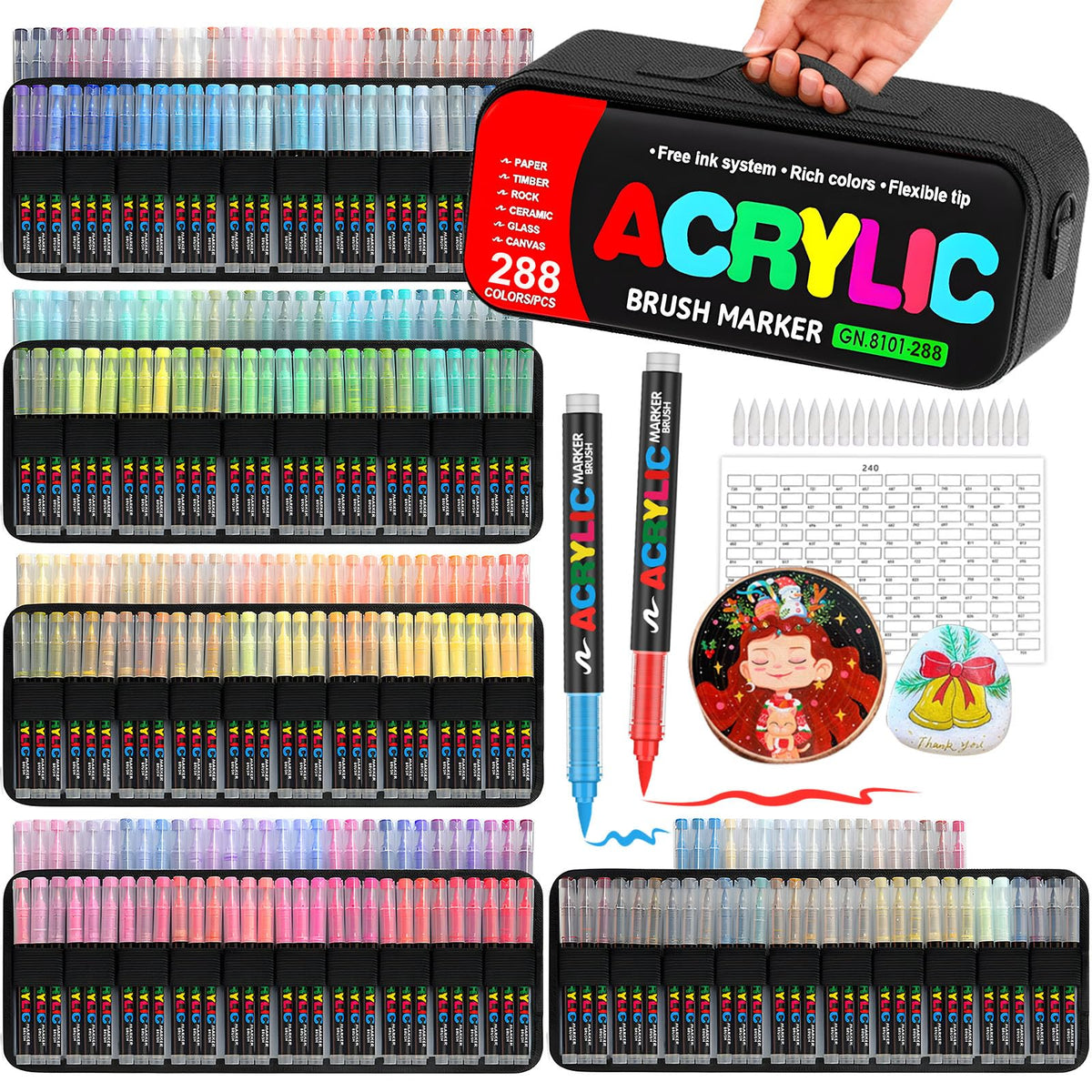 Amamao 240 Colors Soft Brush Tip Acrylic Paint Markers for Rock Painting