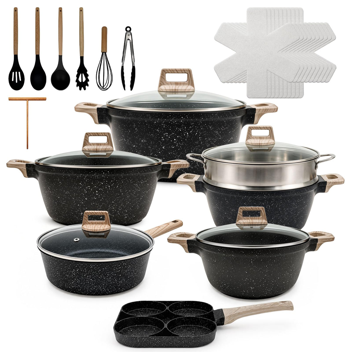 15pc Nonstick Cookware Set with Detachable Handles,Brown Finish Scale Shaped，Sauce pot and Pan，8-11 inches frying PAN,Aluminum Construction, Space-Saving Storage, Includes Utensils