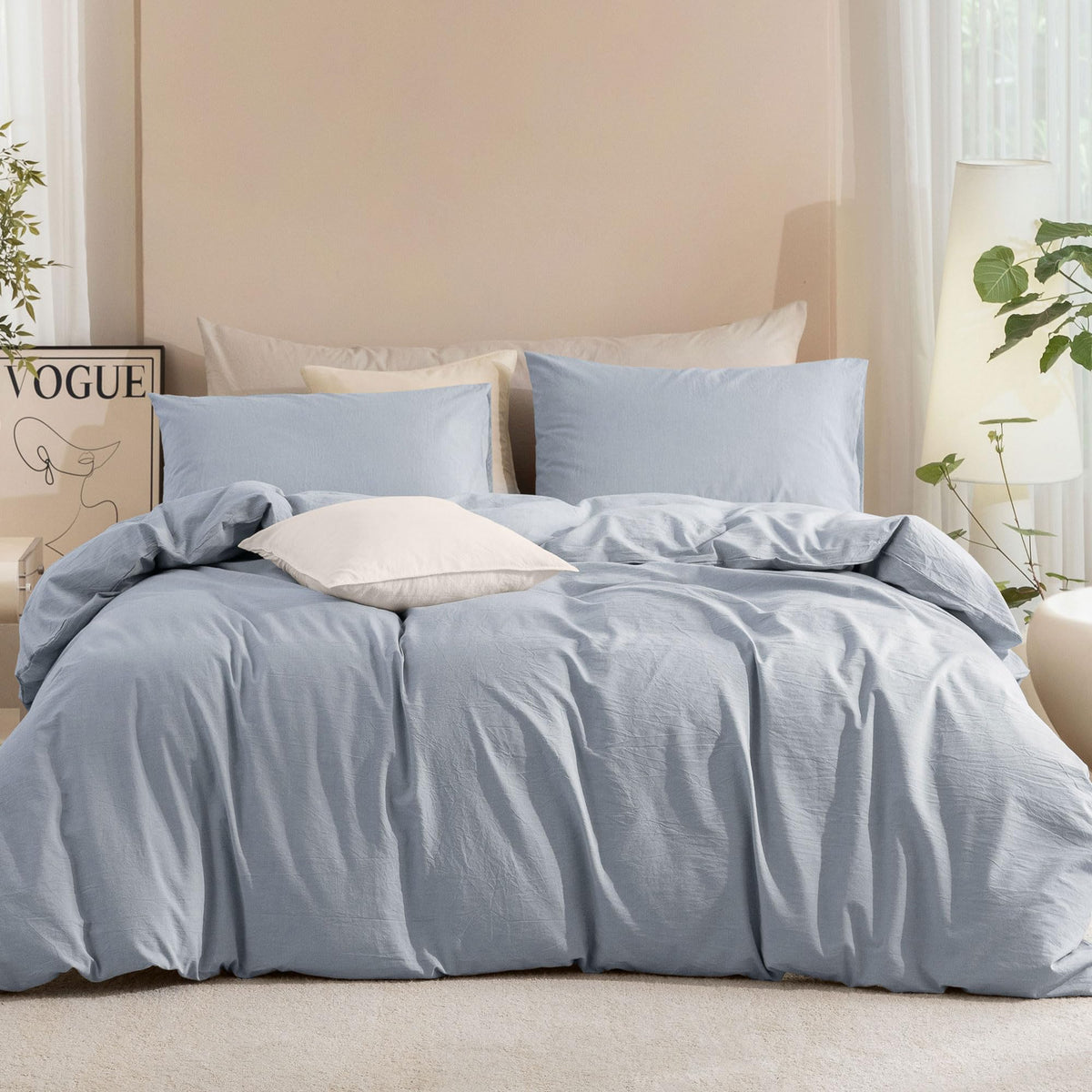 JIYUAN Queen Washed Cotton Duvet Cover Set, 3-Piece, Relaxed Linen Feel
