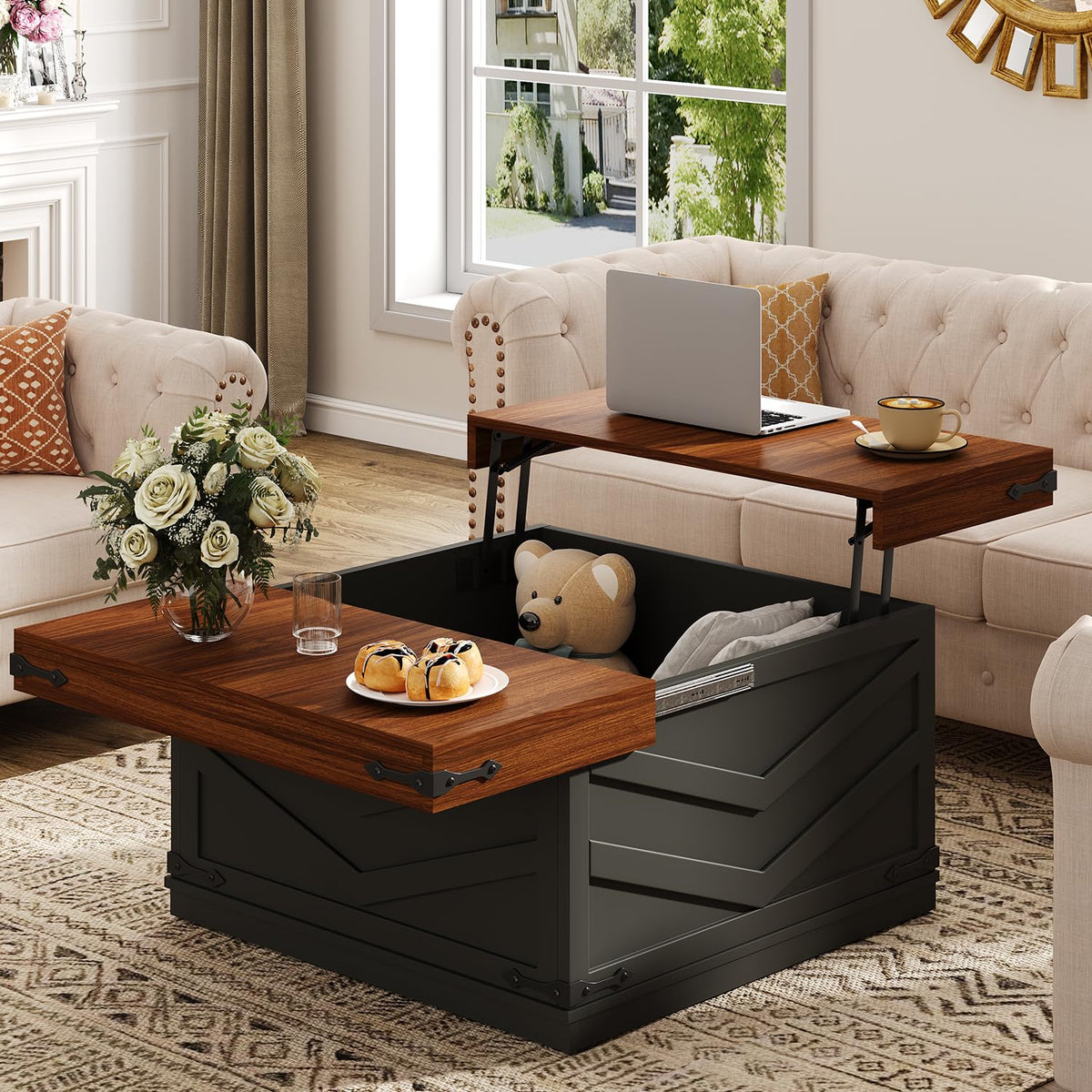 UNIQUITE 31.5'' Lift Top Coffee Table, Sliding Top Square Center Table with Large Hidden Storage Organizer, Multi-Functional Farmhouse Coffee Tables for Living Room, Bedroom, Home Office, White