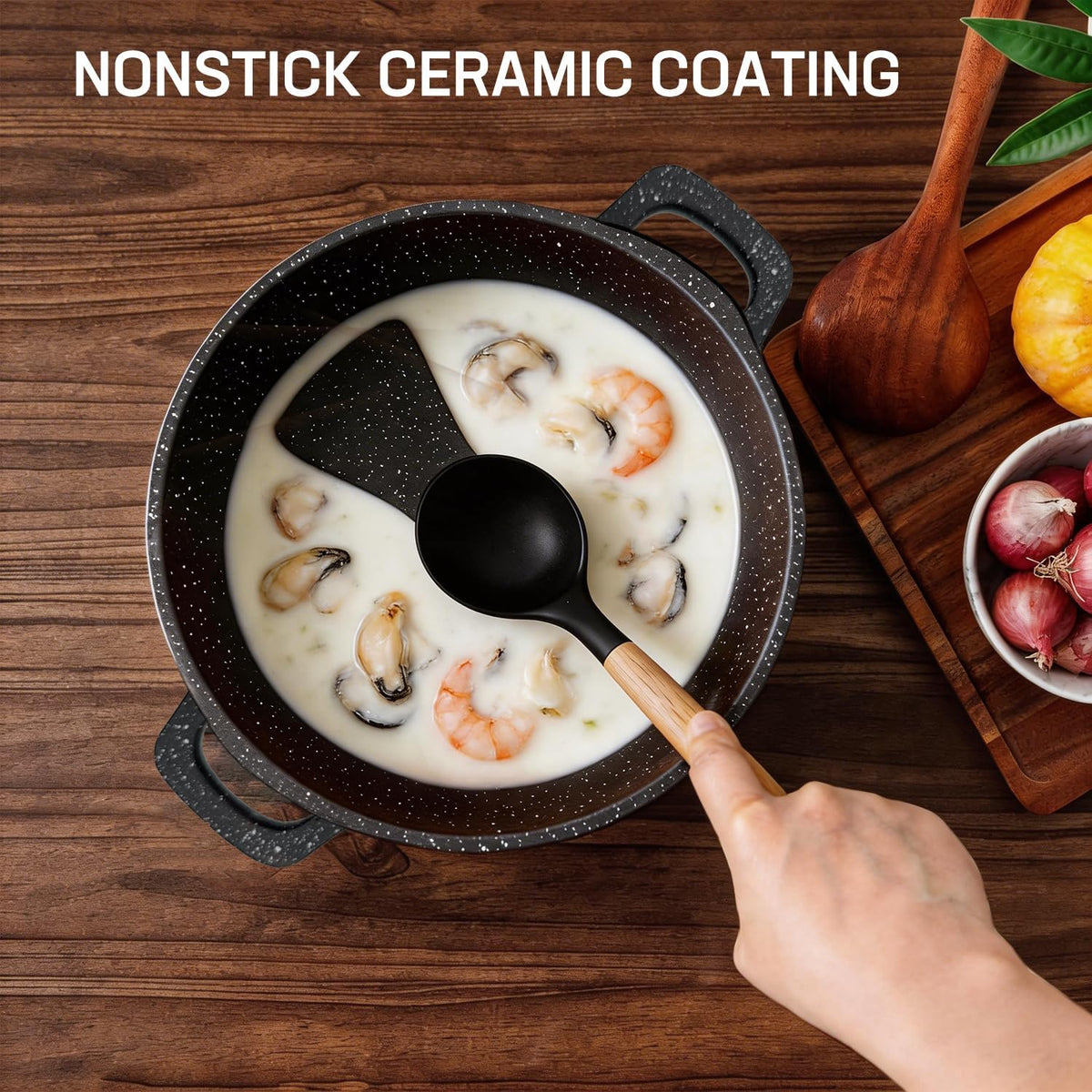 16PCS Nonstick Pots and Pans Set, Premium Nonstick Cookware with Lids and Utensils, 2.4QT to 8.8QT Casseroles, Healthy Kitchen Cookware Set, Dishwasher Safe, Induction Compatible, Black