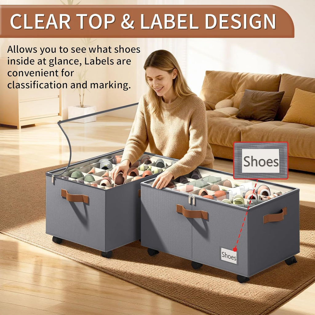 Foyego 2 Pack Shoe Organizer for Closet, Shoe Storage with Wheels, Gray