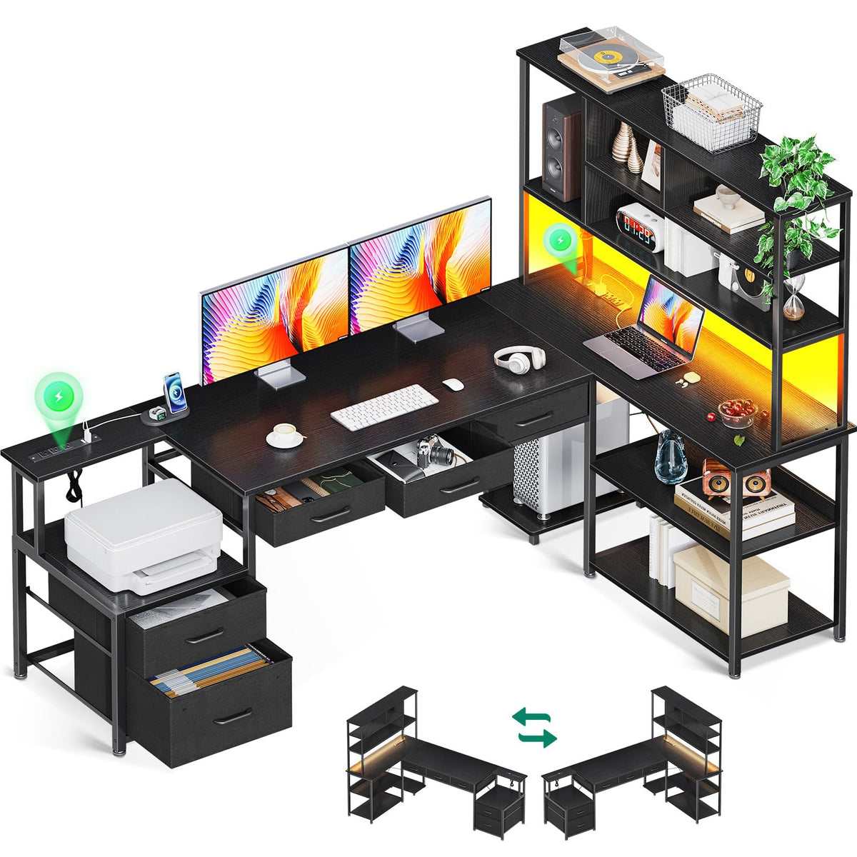 AODK 79 inch L Shaped Desk with 5 Drawers, LED Light & 2 Power Outlets