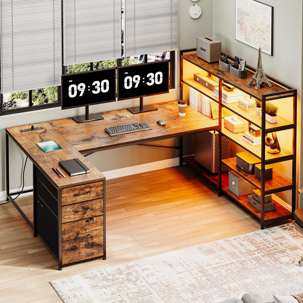 SEDETA 64.5" Reversible L Shaped Gaming Desk with Storage Drawers, Shelves