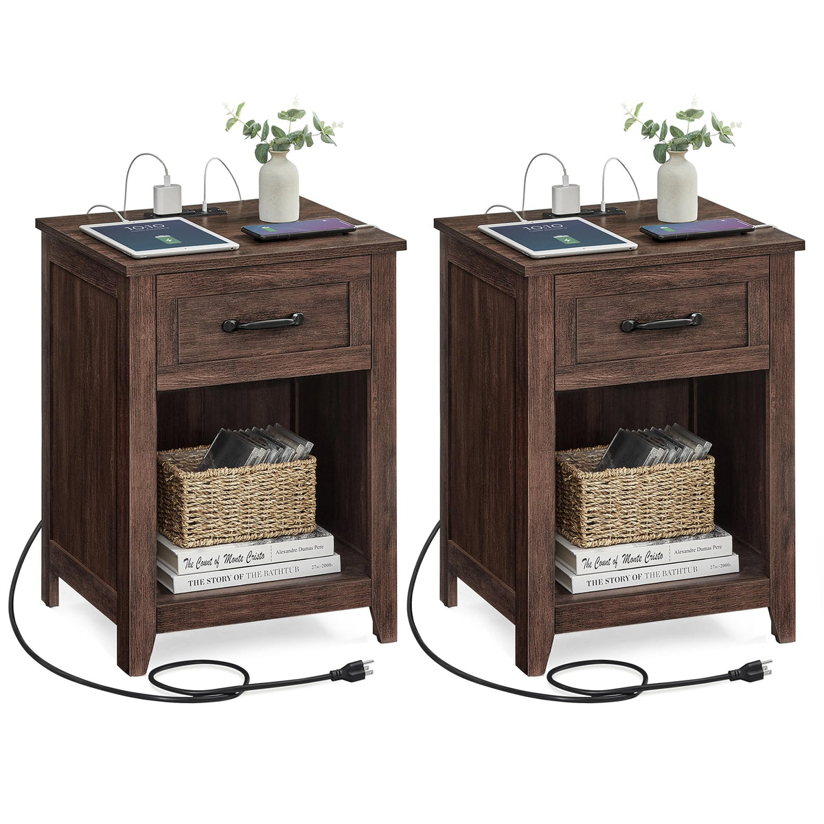 VASAGLE Farmhouse Nightstands with Charging Station, 1 Drawer, Set of 2