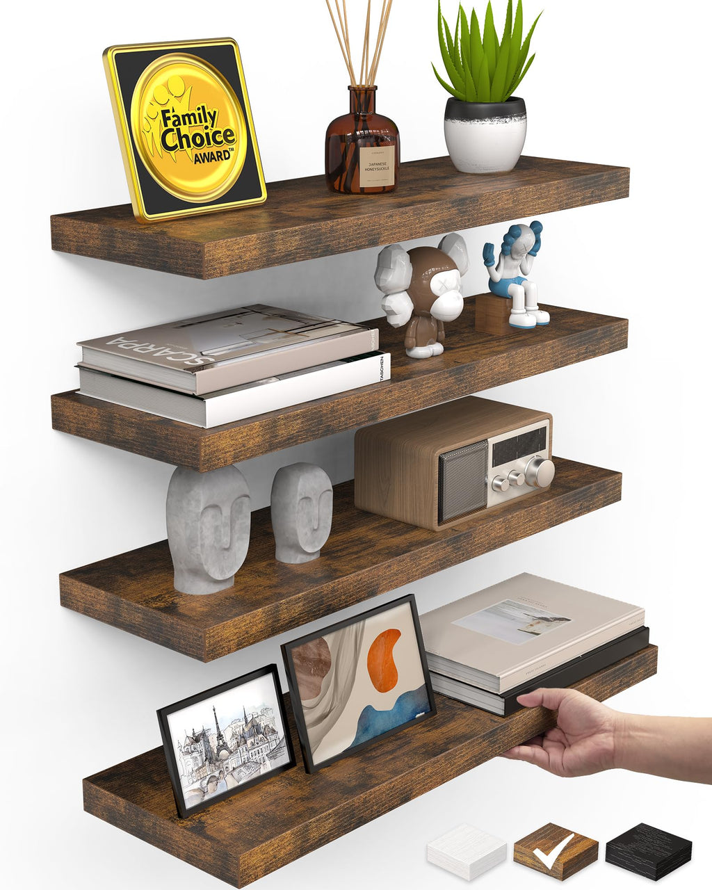 BAYKA Rustic Brown Floating Shelves 35.4in, Set of 2, Wall Mount Wood Shelf