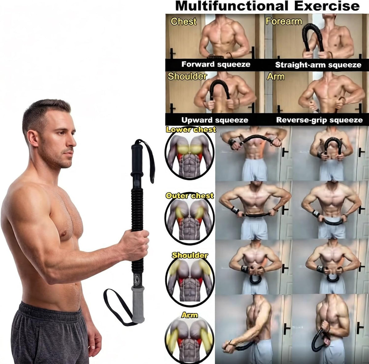 Black Power Twister Bar, 66 Lbs - 220 Lbs Spring Arm Chest Exercise, Portable Upper Body Workout Equipment for Arm Chest Shoulder Bicep and Forearm