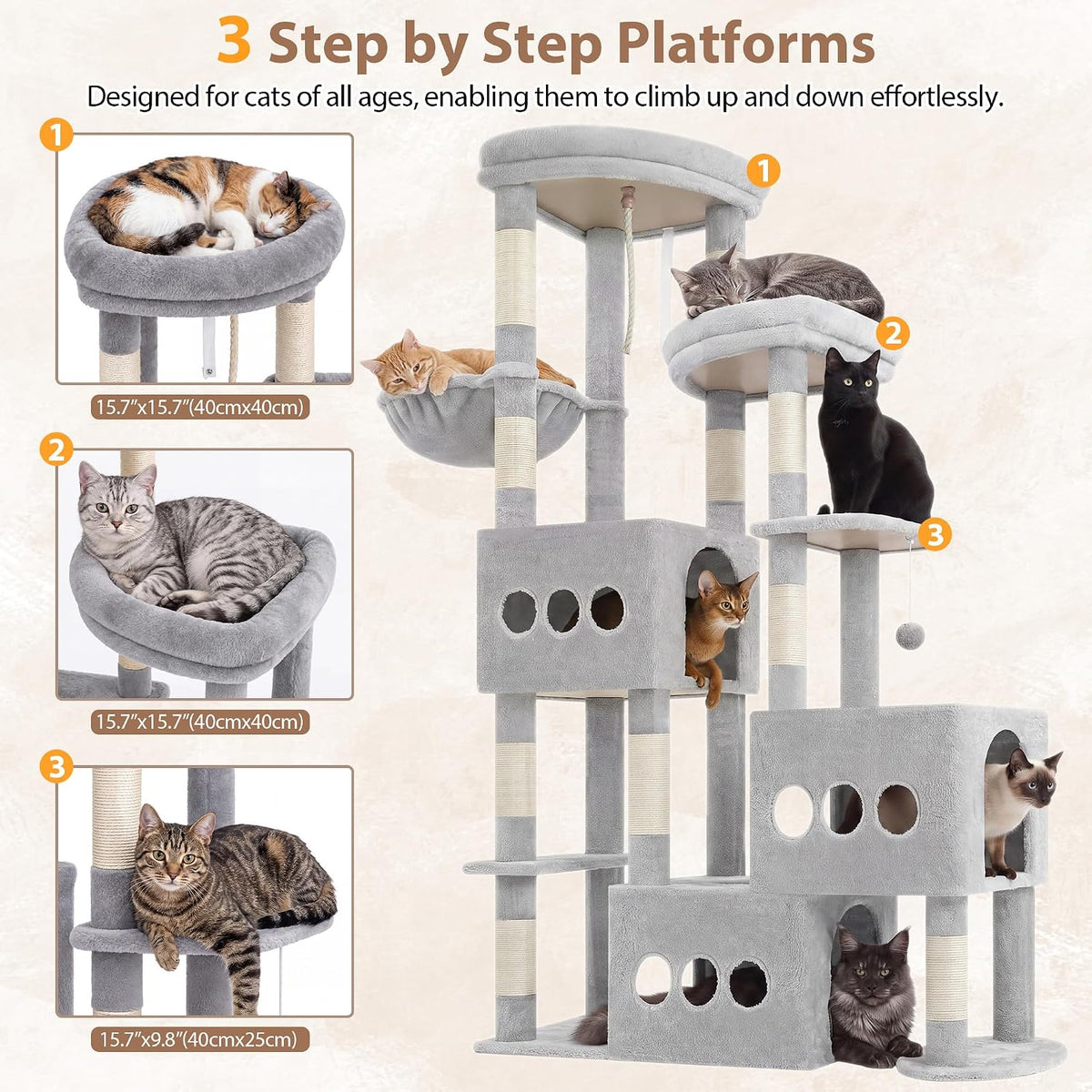 Gitelsnour Sturdy Cat Tree Tower, 3 XXL Condos for Large Adult Cats GCT036W