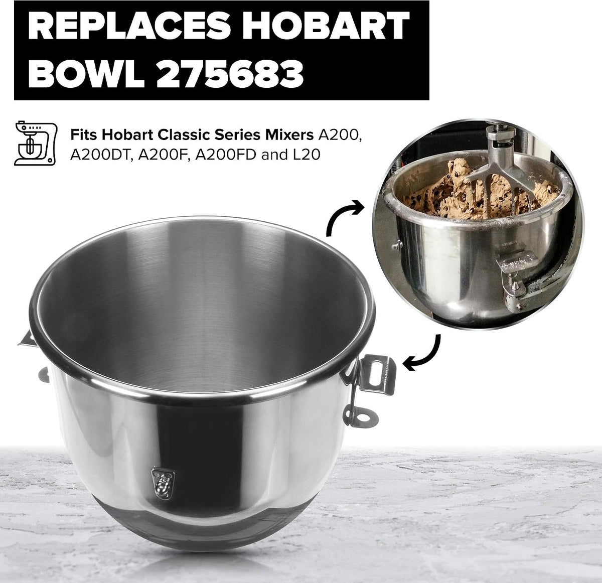 Vollum 20-Quart Commercial Stainless Steel Mixing Bowl for Hobart Mixer - Hobart Equivalent