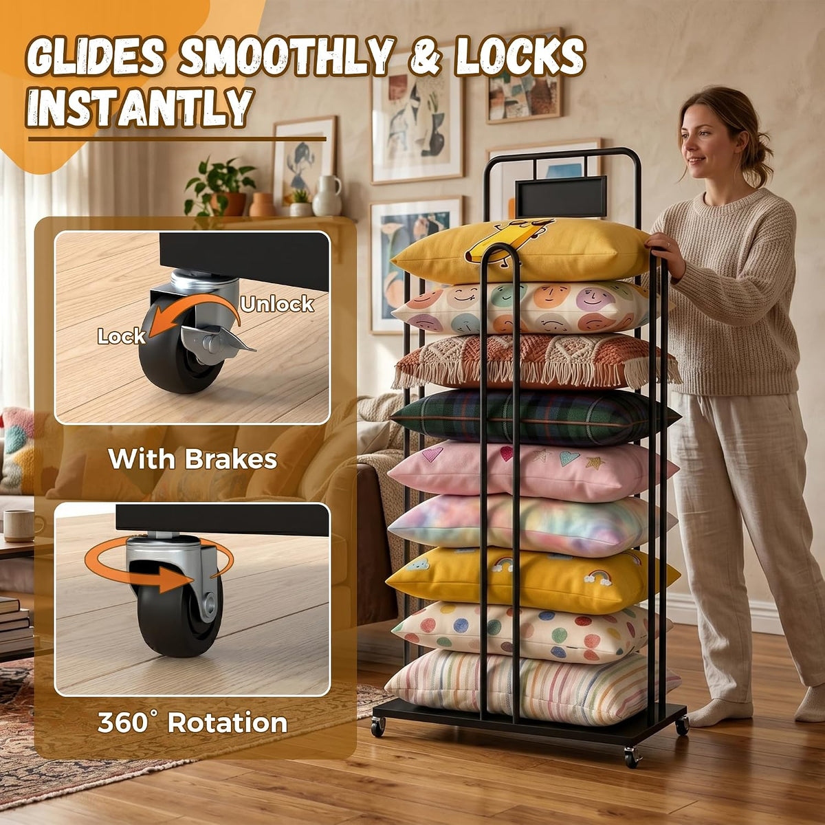 Rolling Pillow Storage Rack, Cushion and Pillow Holder with Sign Holder