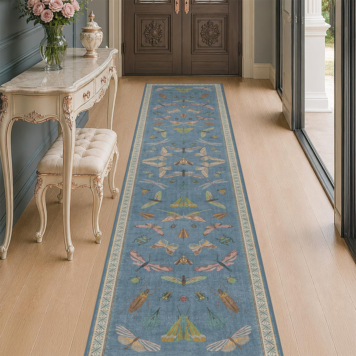 Hazo Haus Dark Green Insect Area Rugs 8x10 for Living Room, Dining Room Under Table, Bedroom, Unique Washable Floral Non Slip Low Pile Soft Rug