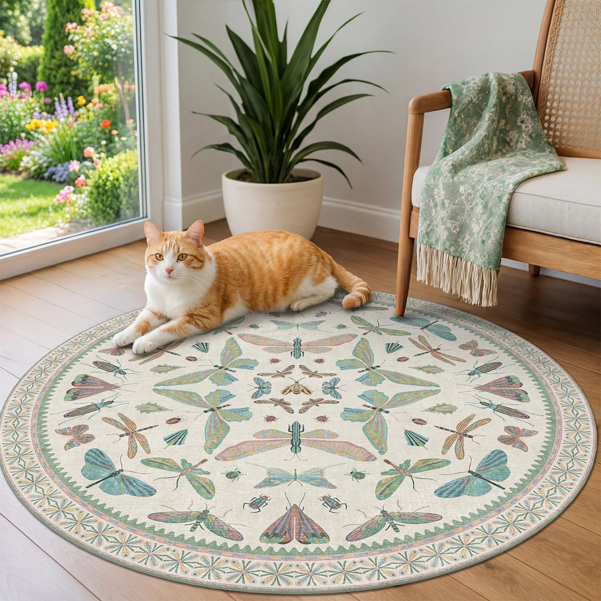 Hazo Haus Dark Green Insect Area Rugs 8x10 for Living Room, Dining Room Under Table, Bedroom, Unique Washable Floral Non Slip Low Pile Soft Rug