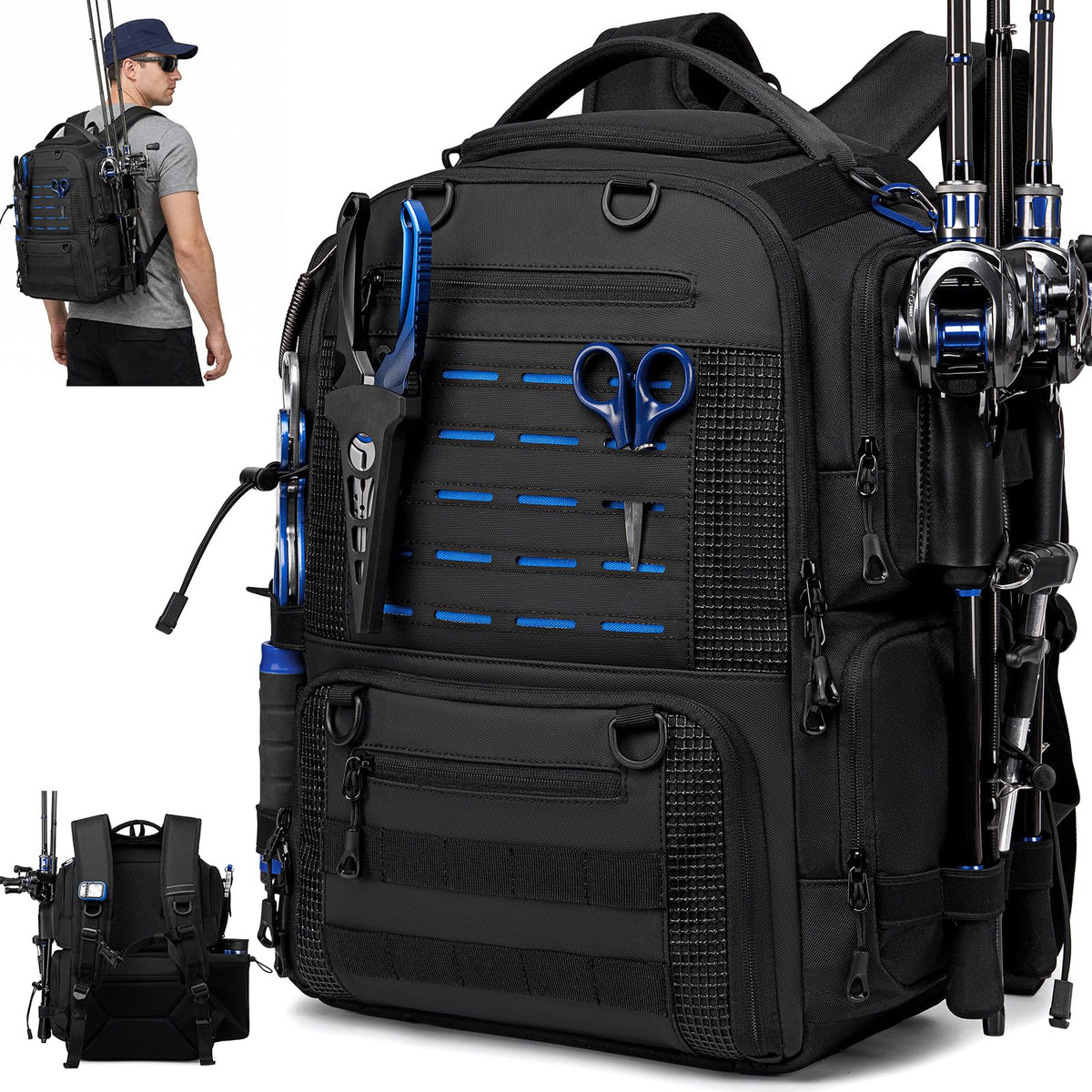 Fishing Backpack, Multi-pocket Tackle Backpack with 2 Rod Holders
