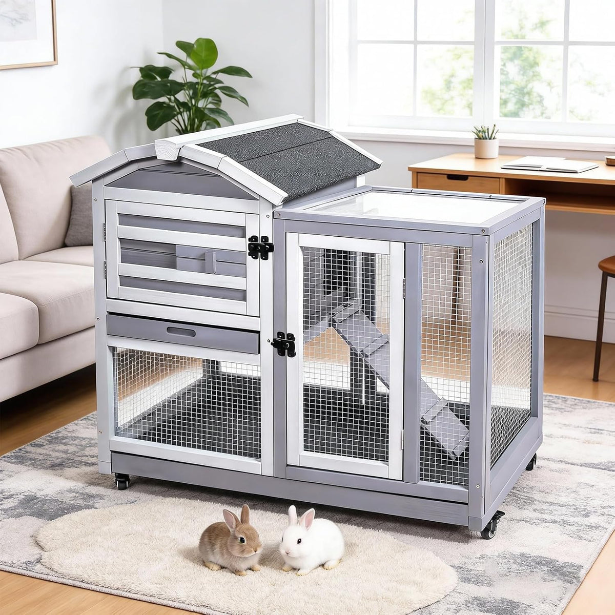 GEGURI Wooden Rabbit Hutch, Indoor Outdoor Chicken Coop Bunny Cage with Waterproof Roof