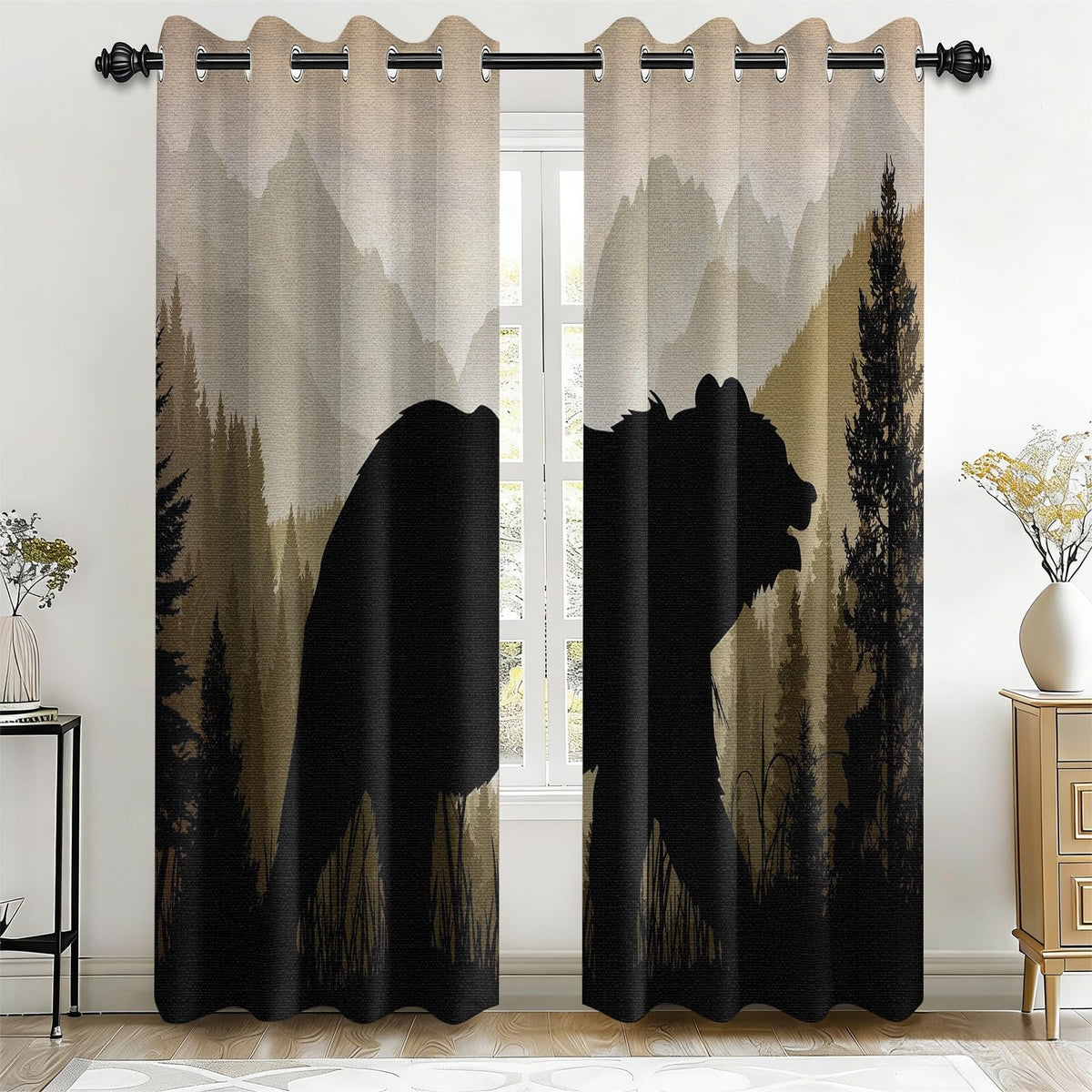 Rustic Farmhouse Cabin Blackout Curtains for Living Room, 96 Inch Long 2 Panels, Woodland Animal Bear Deer Curtains, Retro Country Style Patchwork Plaid Bedroom Window Drapes Treatment