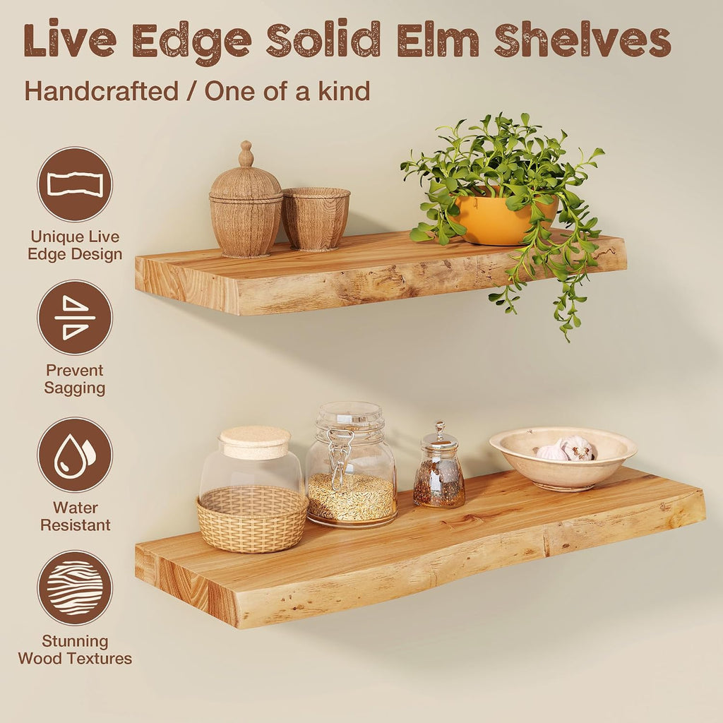 fuqing Live Edge Floating Shelves for Wall, 20 Inch Solid Elm Wood Shelves