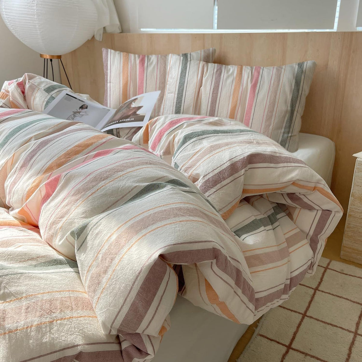 Plaid Duvet Cover Set Washed Cotton,Queen(90"x90"),Multicolor Gingham